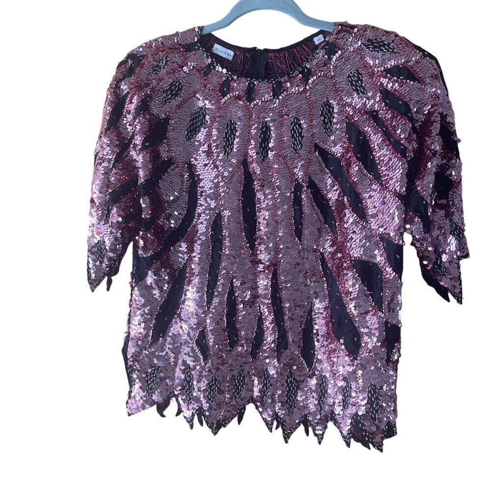 Vintage Womens Top Size 44 Pink Handmade Beaded Sequin Flame Pattern Pure Silk